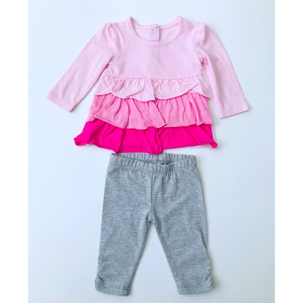 Infant pink ruffled top with matching grey pants
